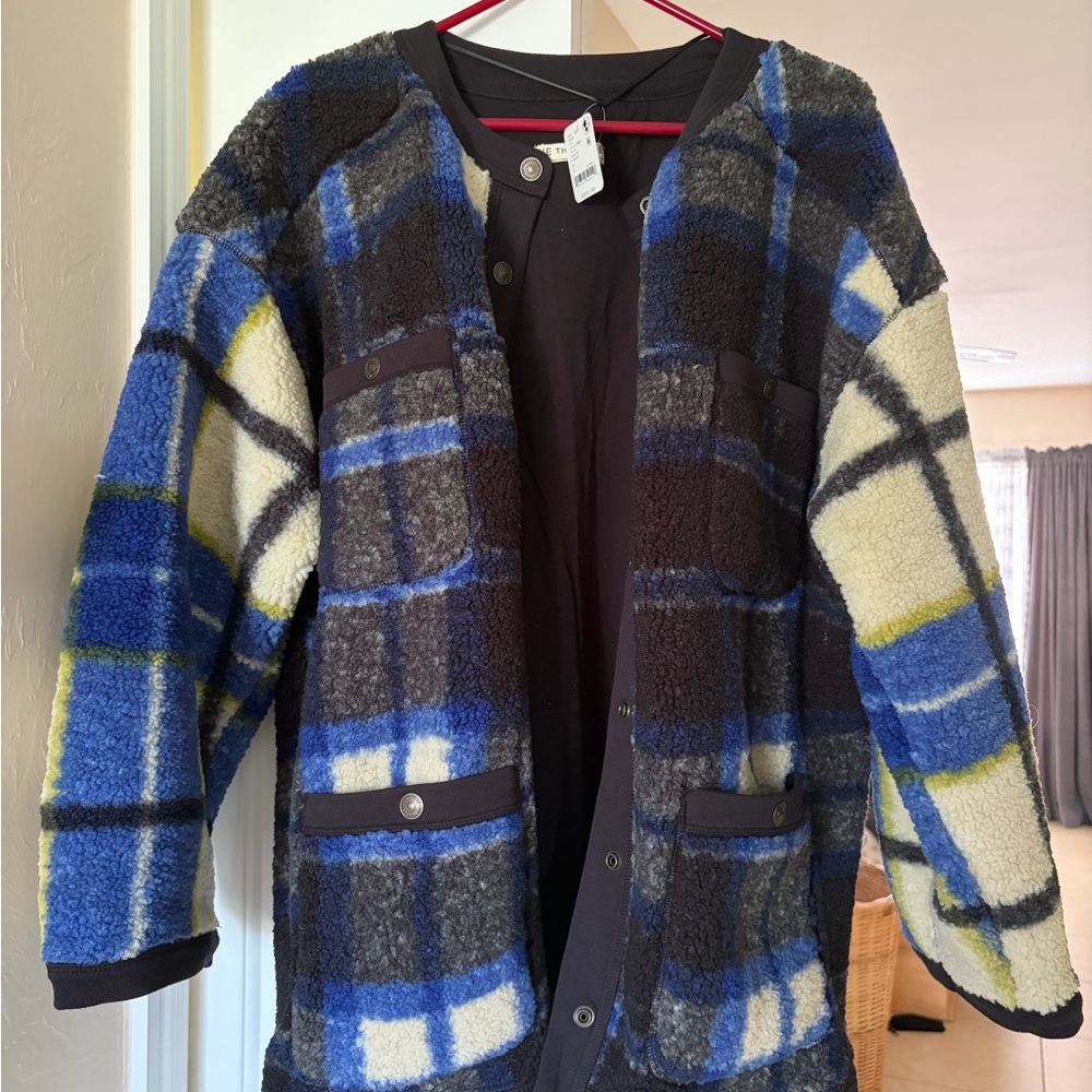 Free People Blue, Black & Cream Plaid Teddy Jacket - Picture 3 of 4